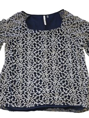 NY Collection Navy Blouse with White Vine Overlay